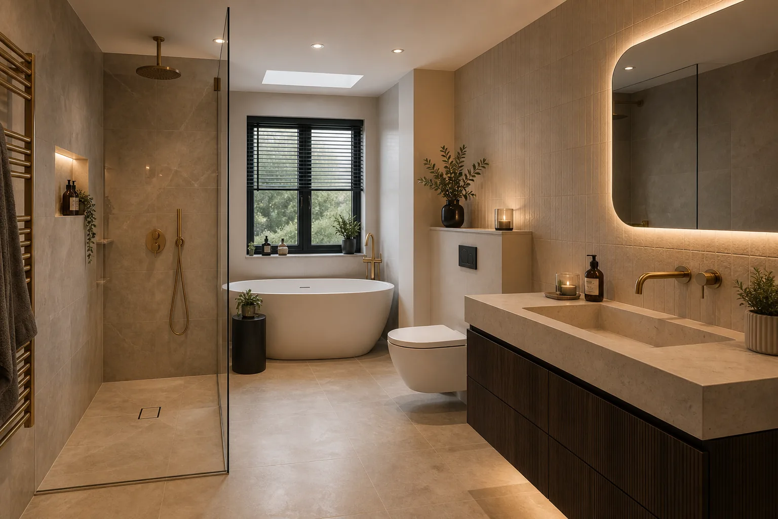 Finished bathroom with a walk-in shower and warm mirror lighting.