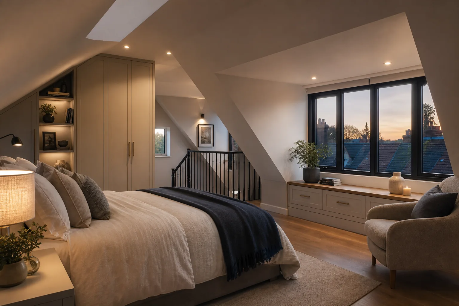 Finished loft bedroom conversion with warm lighting and bespoke storage.